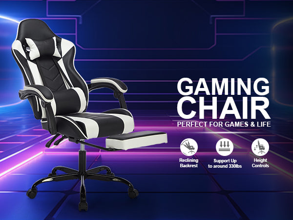 Gaming Chair with Footrest – Ergonomic, Headrest & Lumbar Support, Black White