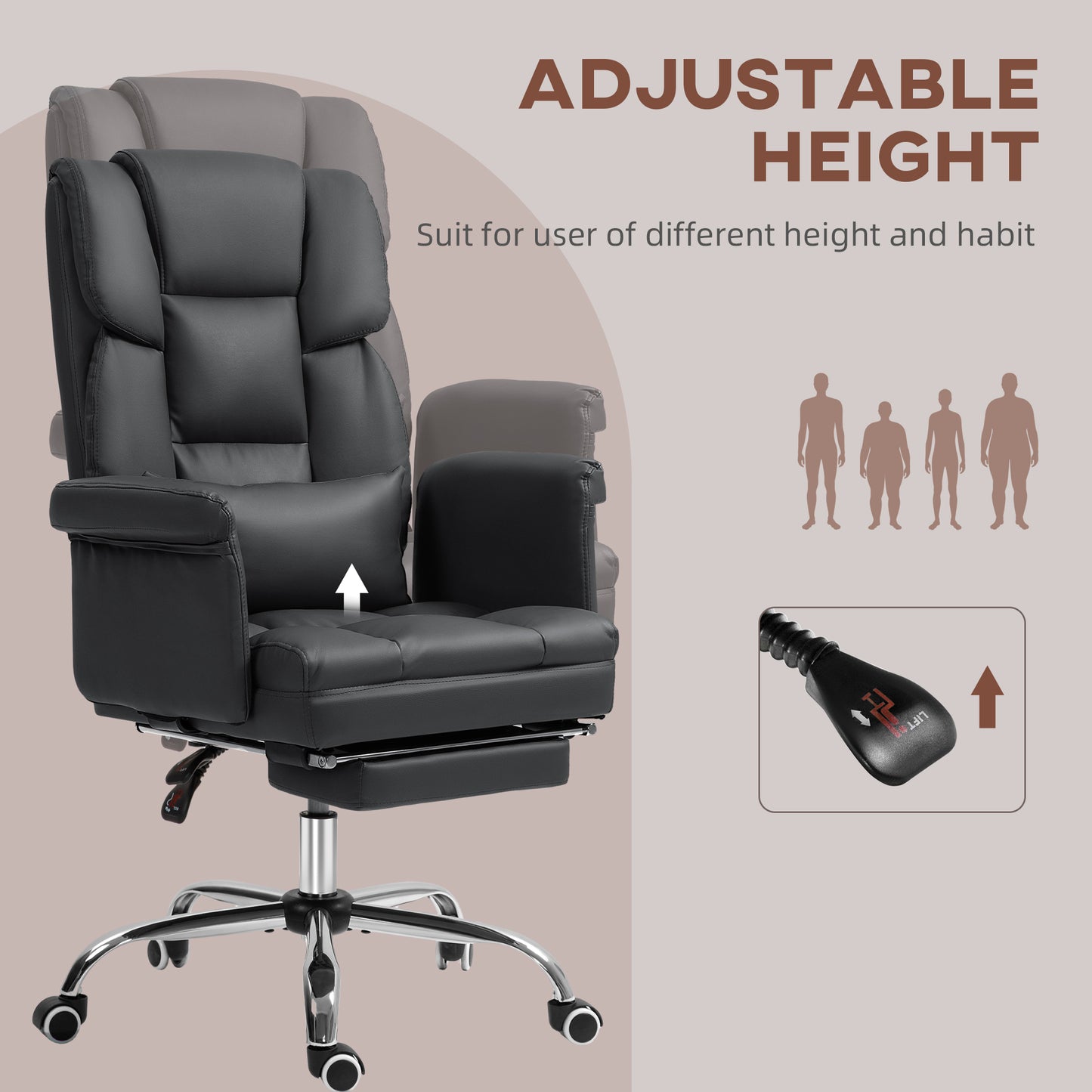 Executive Office Chair with Footrest – PU Leather, Reclining & Lumbar Support, Black