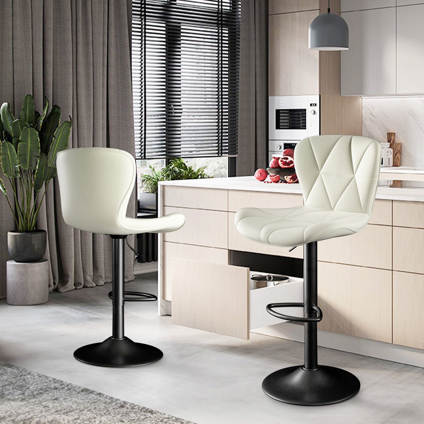 Modern Bar Stools Set of 2 – Adjustable Swivel Faux Leather Counter Height Stools with Back, Black