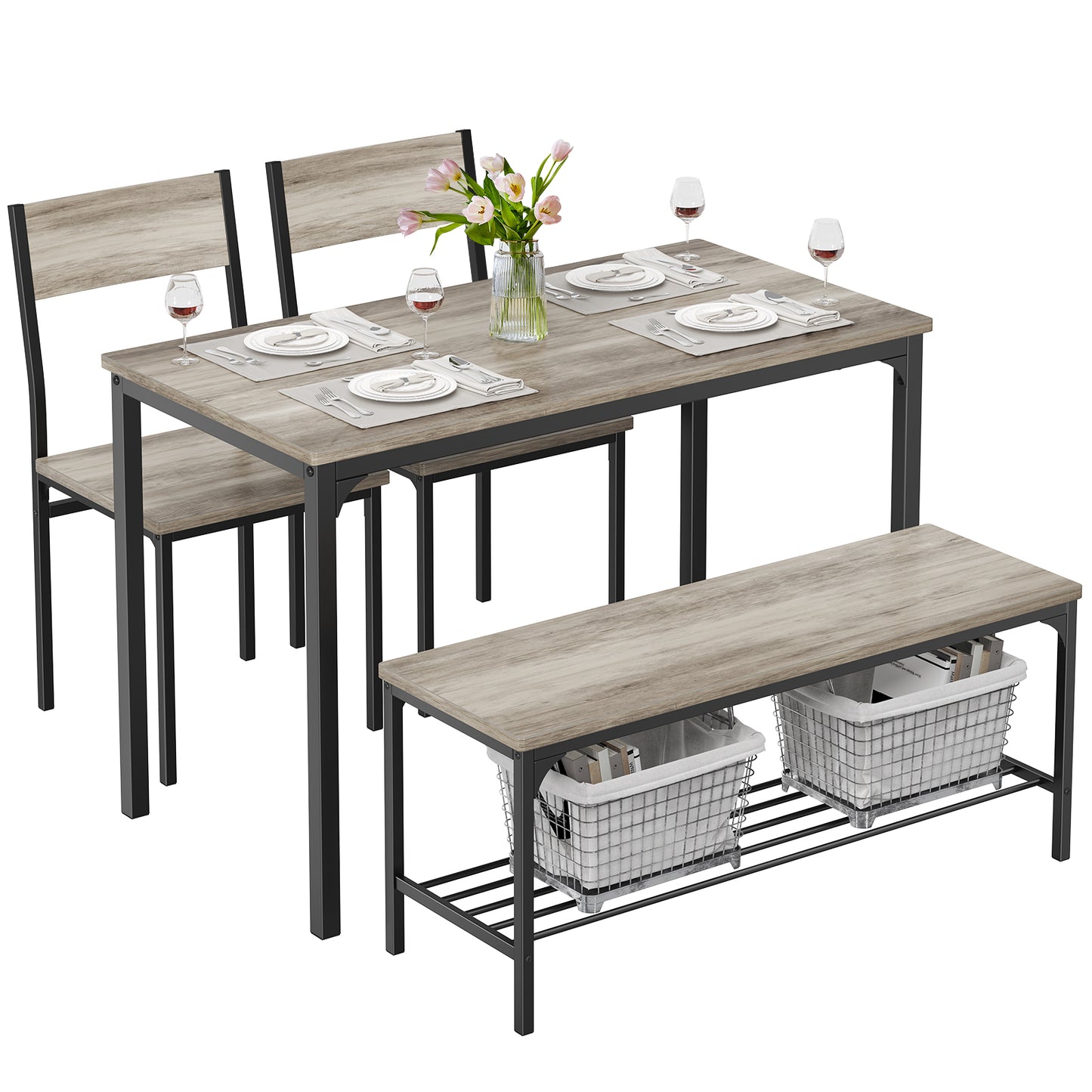 Dining Table Set for 4 – Solid Wood Table with Benches | Easy Assembly