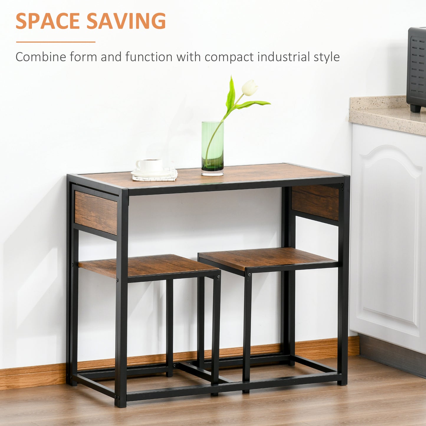 Industrial Dining Table Set for 2 – Compact Kitchen Table & 2 Chairs | Rustic Brown