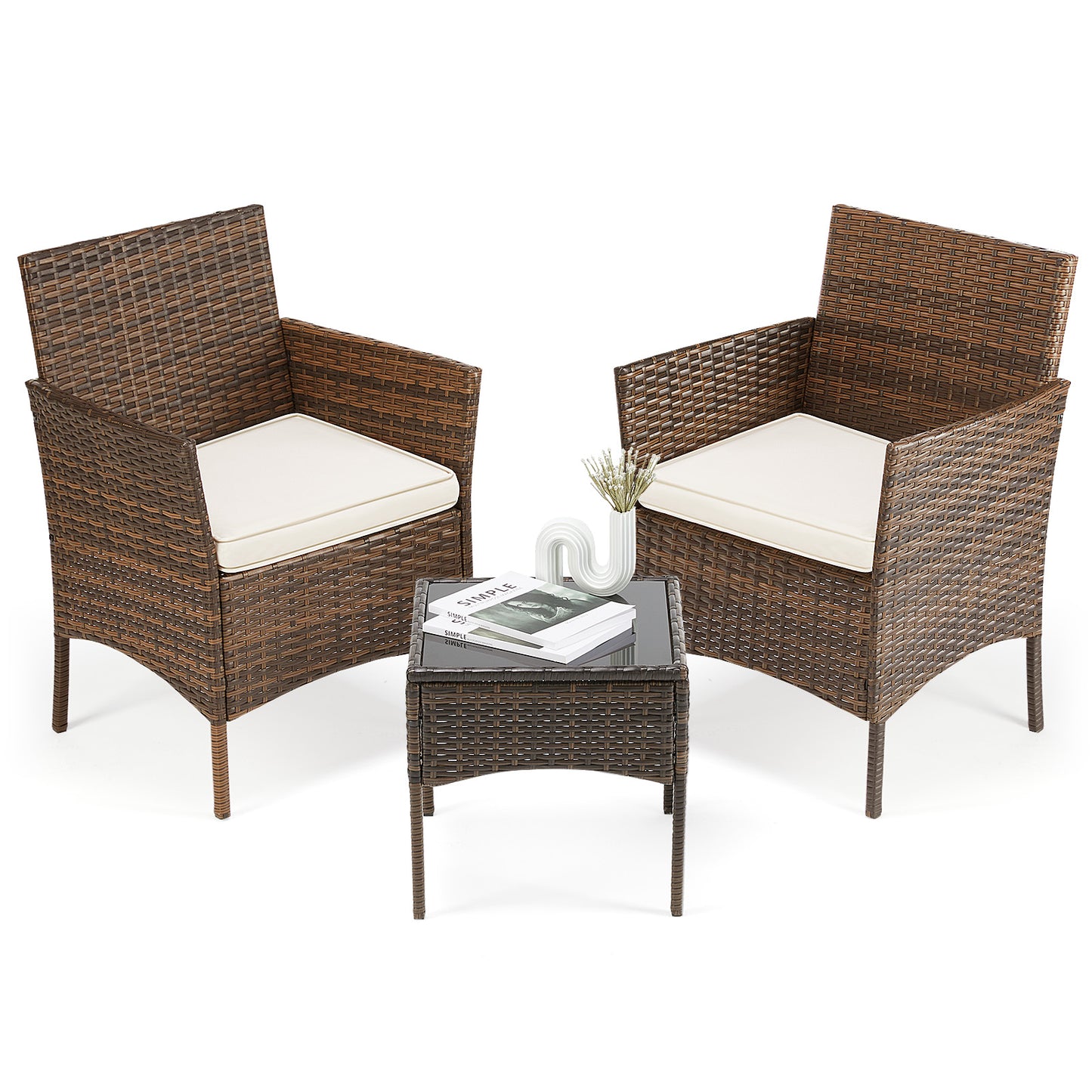 3-Piece Outdoor Rattan Garden Furniture Set – 2 Chairs, Coffee Table & Washable Cushions | Black & Brown