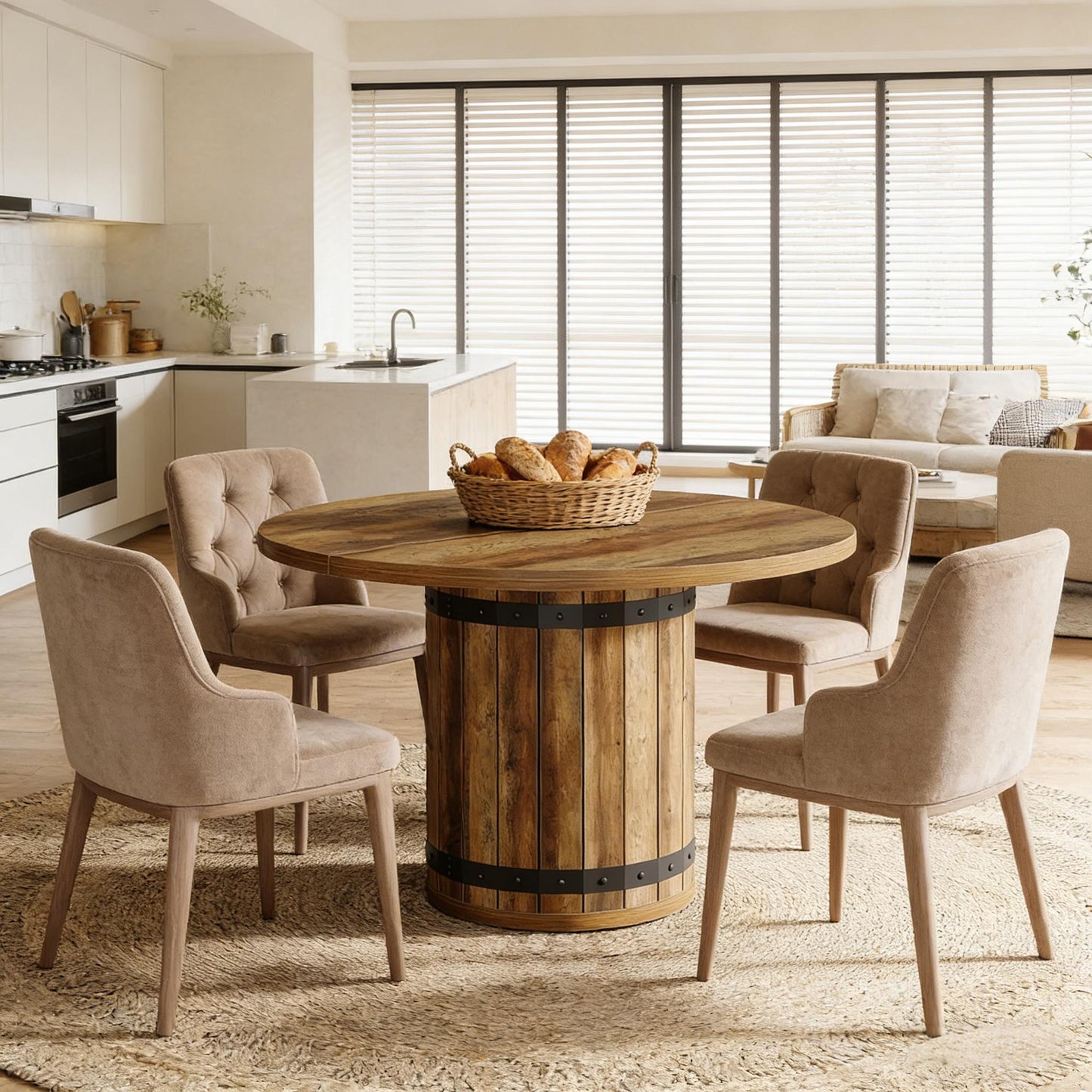 Round Farmhouse Dining Table for 4 – 39" MDF Top, Fence Pedestal Base | Brown
