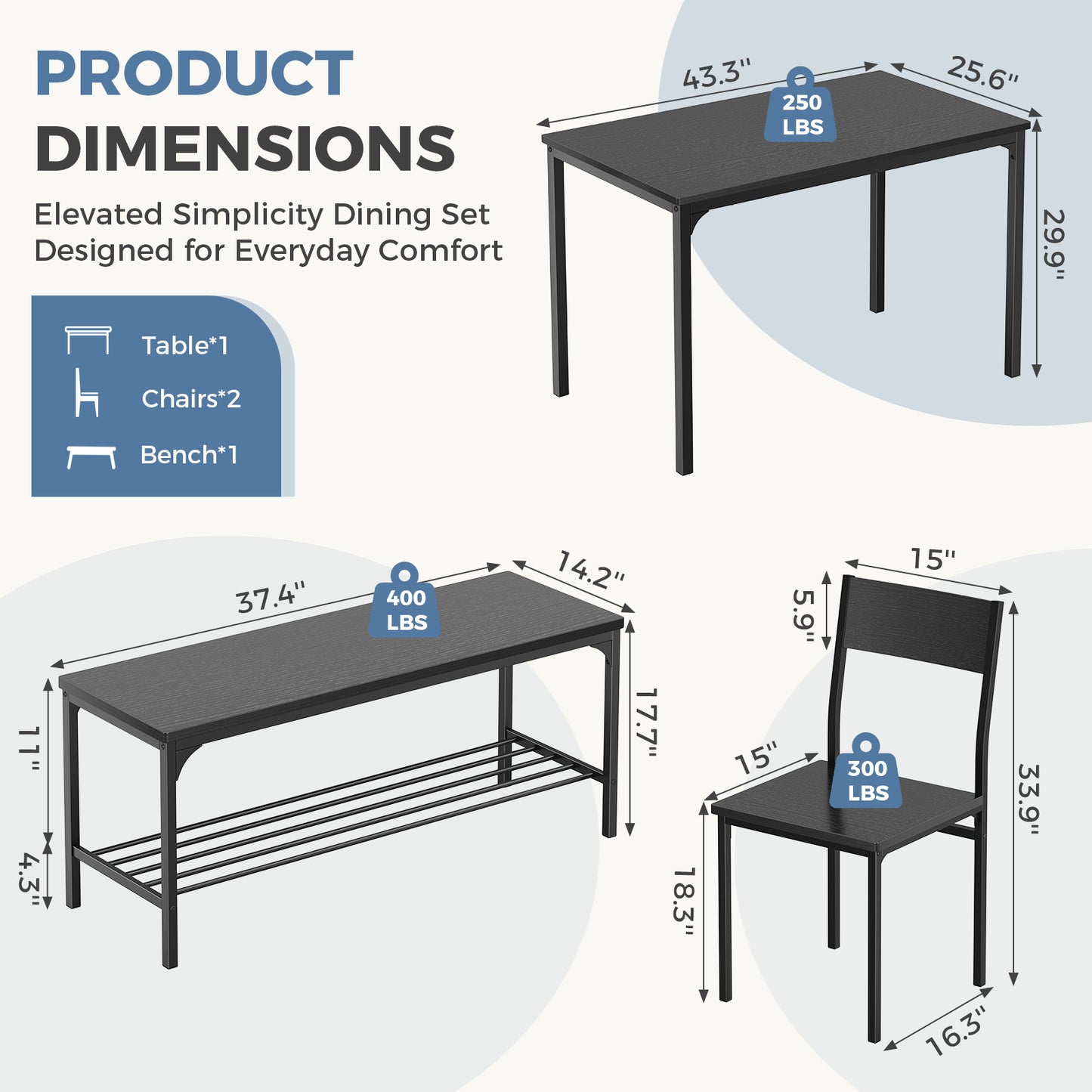 Dining Table Set for 4 – Solid Wood Table with Benches | Easy Assembly