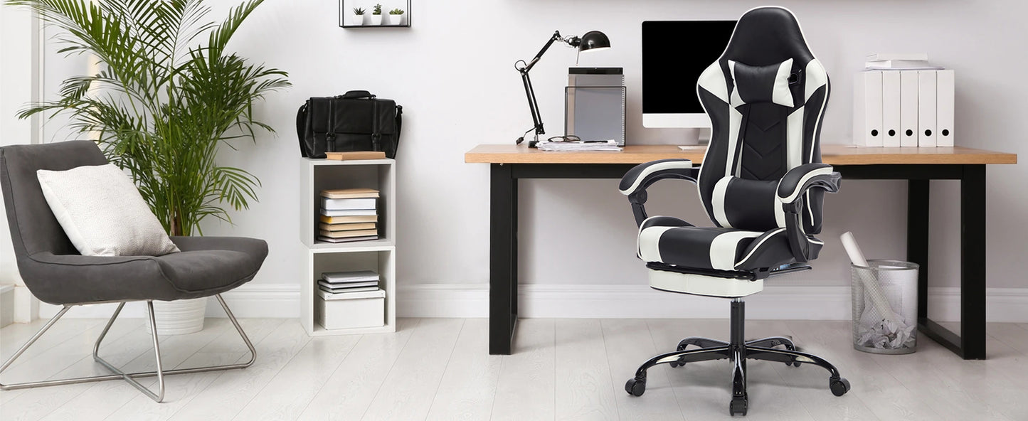 Gaming Chair with Footrest – Ergonomic, Headrest & Lumbar Support, Black White