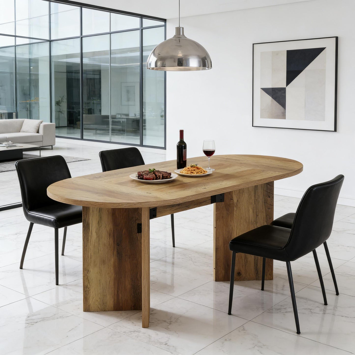 Oval Farmhouse Dining Table for 4-6 – 63" MDF Top, Metal Base | Brown