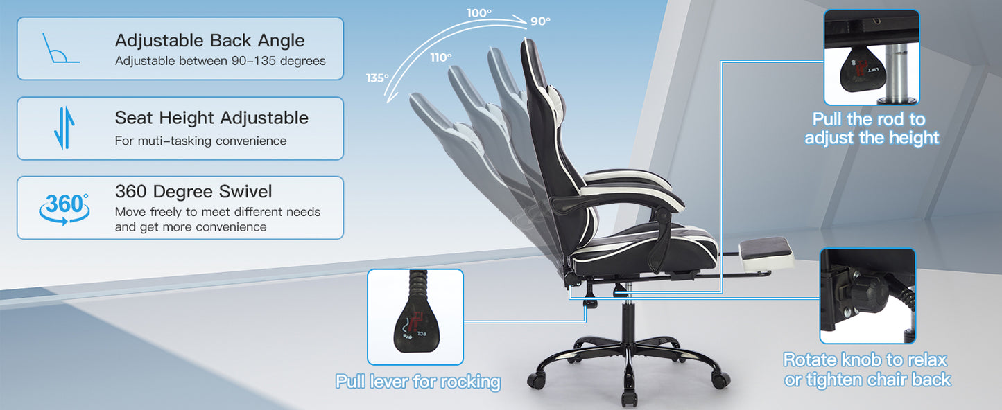 Gaming Chair with Footrest – Ergonomic, Headrest & Lumbar Support, Black White