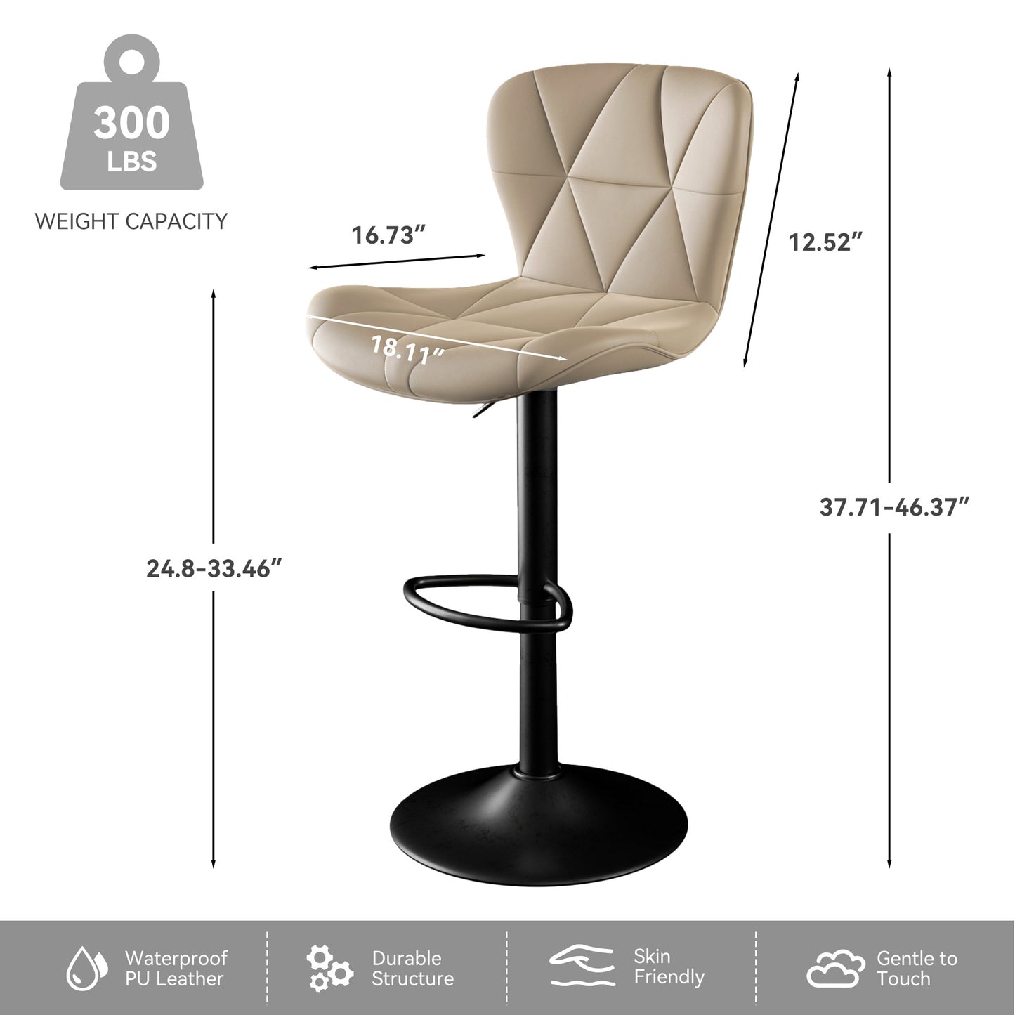 Modern Bar Stools Set of 2 – Adjustable Swivel Faux Leather Counter Height Stools with Back, Black