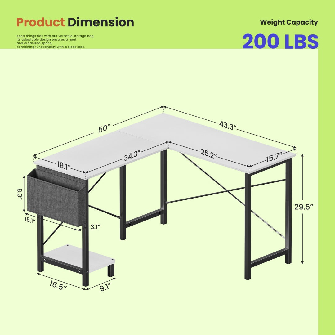 49-Inch L-Shaped Desk – White | Corner Gaming & Home Office Desk