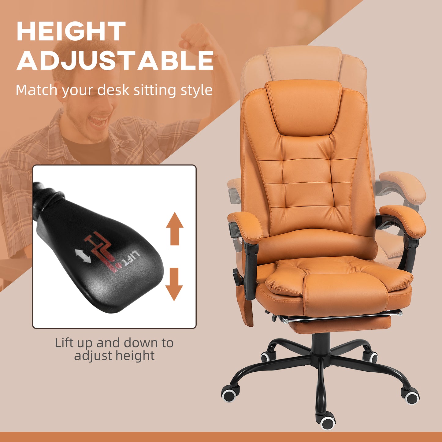 Massage Office Chair – 7-Point Vibration, 155° Recline, Lumbar Support & Footrest | Light Brown