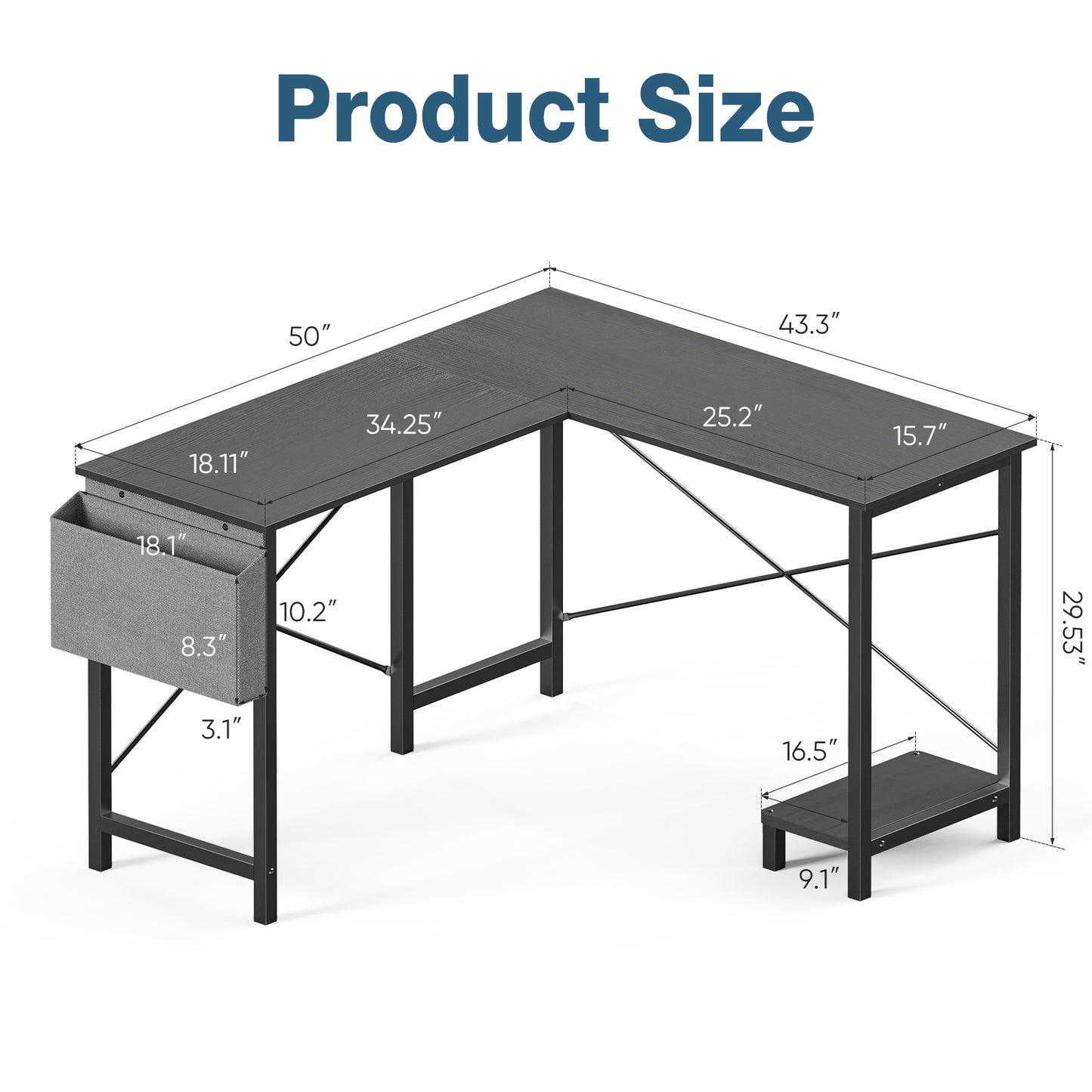 L-shaped desk grey color 49 inch - modern corner workstation for home office