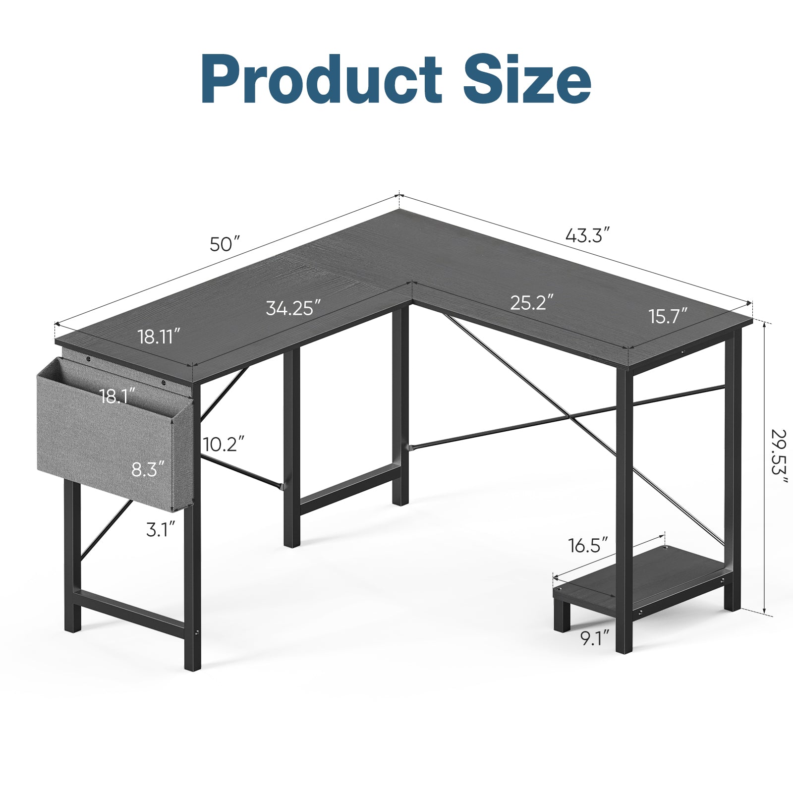 L-shaped desk grey color 49 inch - modern corner workstation for home office