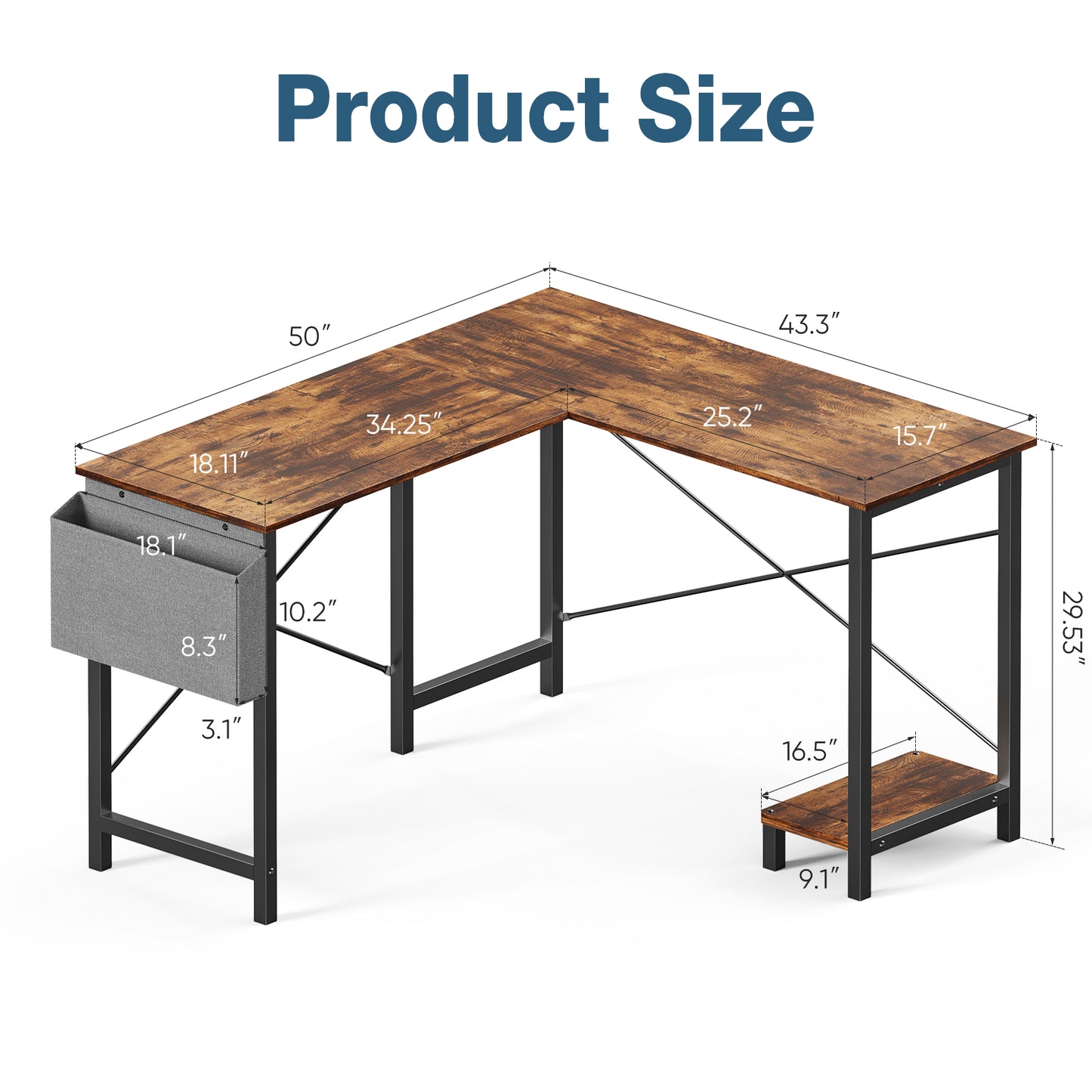 Rustic L-shape computer desk with wood top - farmhouse home office furniture