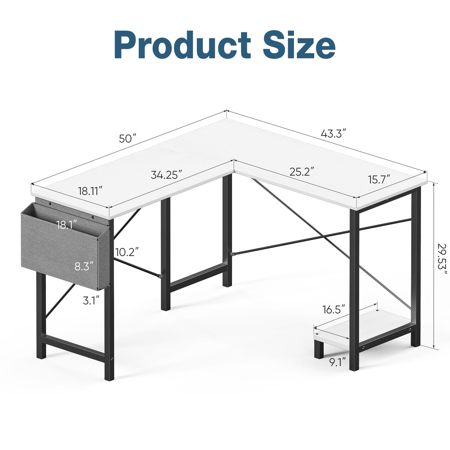 Corner desk with built-in storage shelf - L-shape home office desk