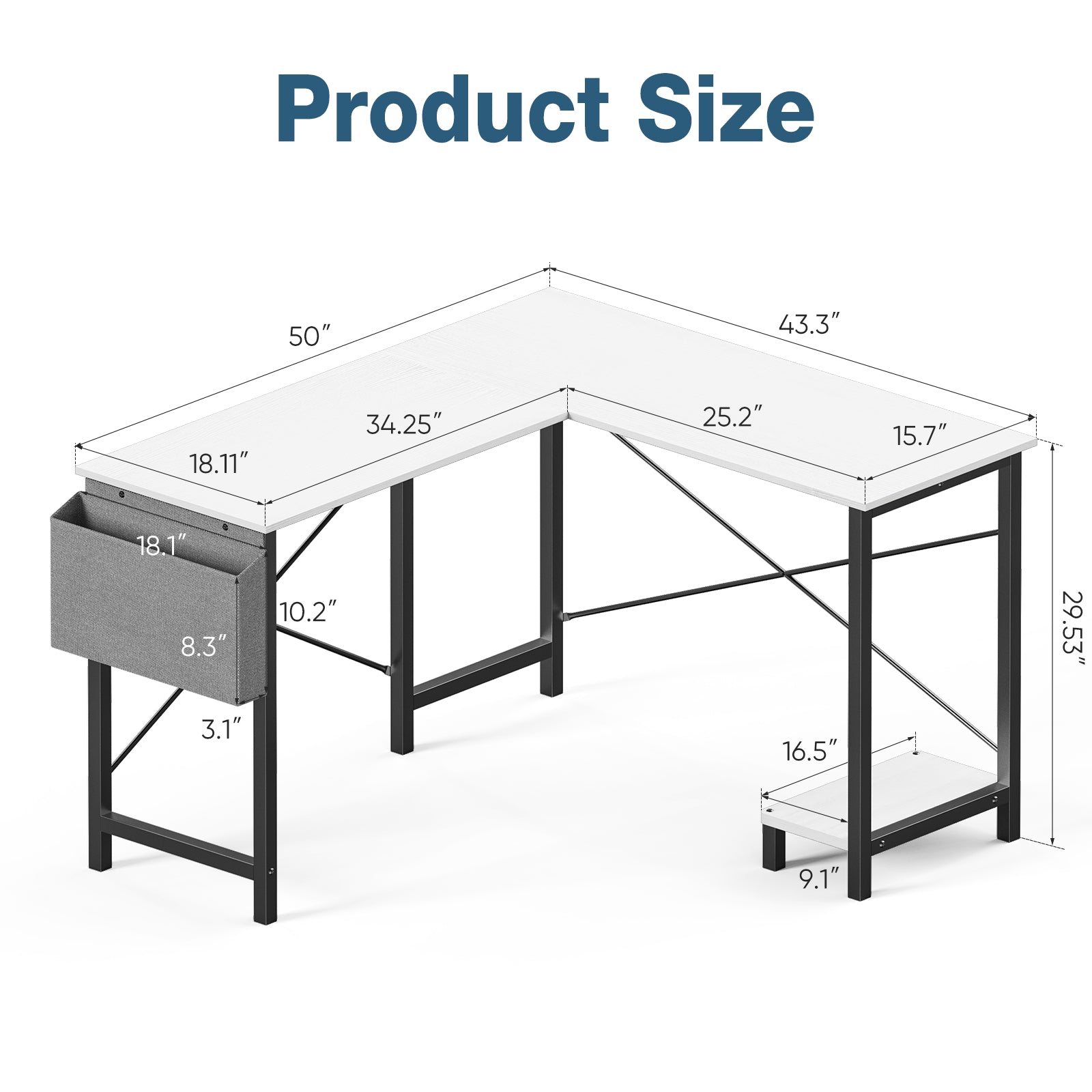 Corner desk with built-in storage shelf - L-shape home office desk