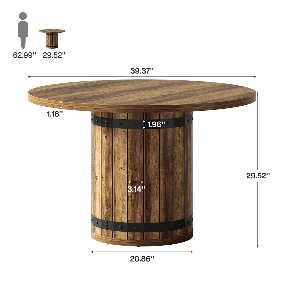 Round Farmhouse Dining Table for 4 – 39" MDF Top, Fence Pedestal Base | Brown