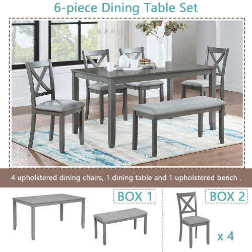 6-Piece Kitchen Dining Set – Rectangular Wooden Table with 4 Upholstered Chairs & Bench, Gray