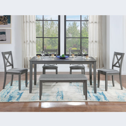 6-Piece Kitchen Dining Set – Rectangular Wooden Table with 4 Upholstered Chairs & Bench, Gray