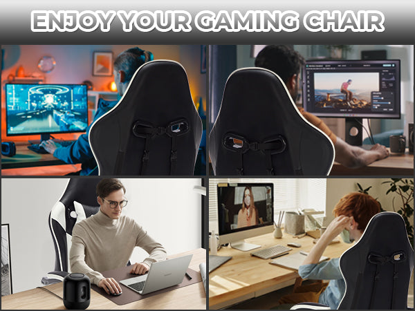 Gaming Chair with Footrest – Ergonomic, Headrest & Lumbar Support, Black White
