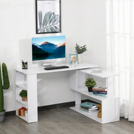 White corner computer desk with built-in shelving and storage compartments, displayed in a modern home office setting.