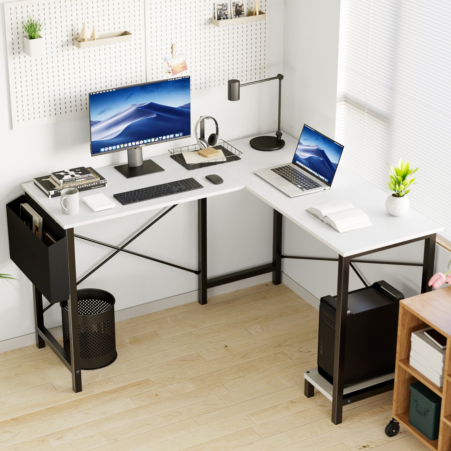 Auraspine L-Shaped Computer Desk 49" — Corner Gaming & Home Office Desk with Storage Shelf