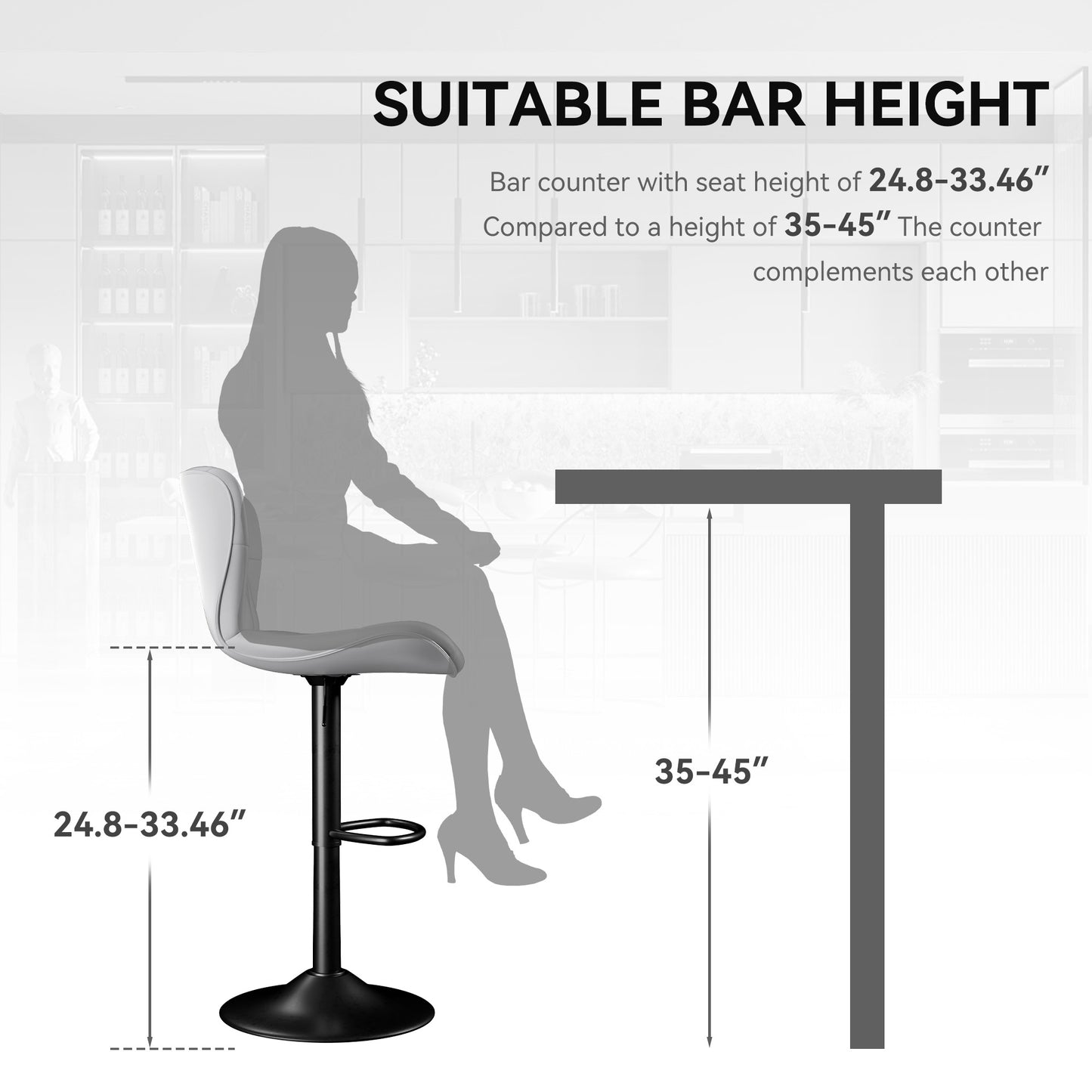 Modern Bar Stools Set of 2 – Adjustable Swivel Faux Leather Counter Height Stools with Back, Black