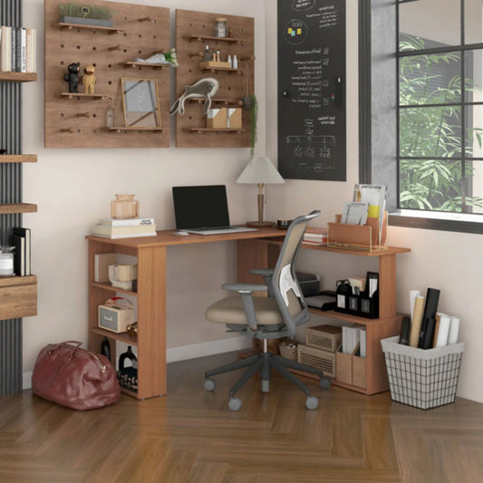 Modern brown wood desk with built-in storage shelves, pegboard organizers above, and ergonomic office chair in home office setting.