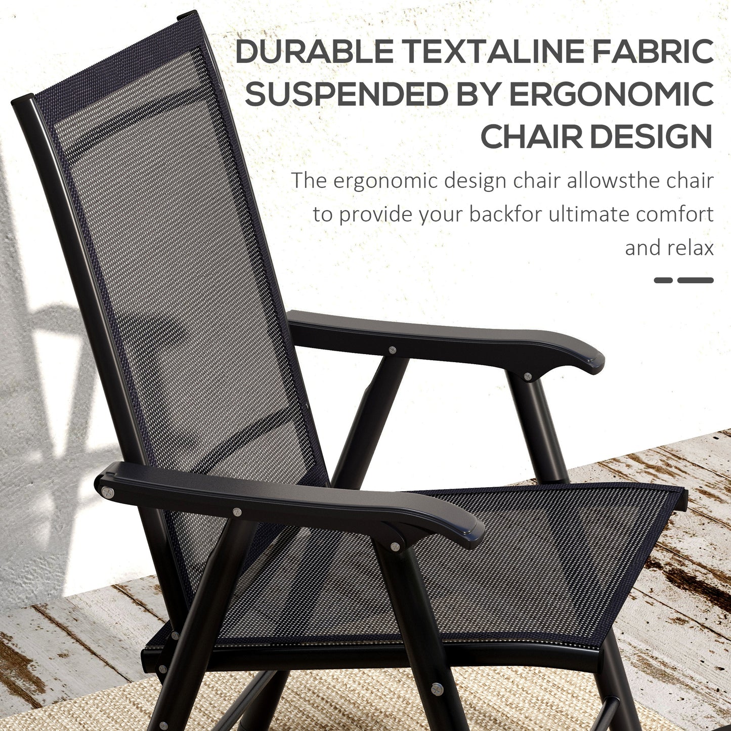 Set of 4 Outdoor Folding Chairs, Stackable Patio Dining Chairs with Armrests, Metal Frame, Black