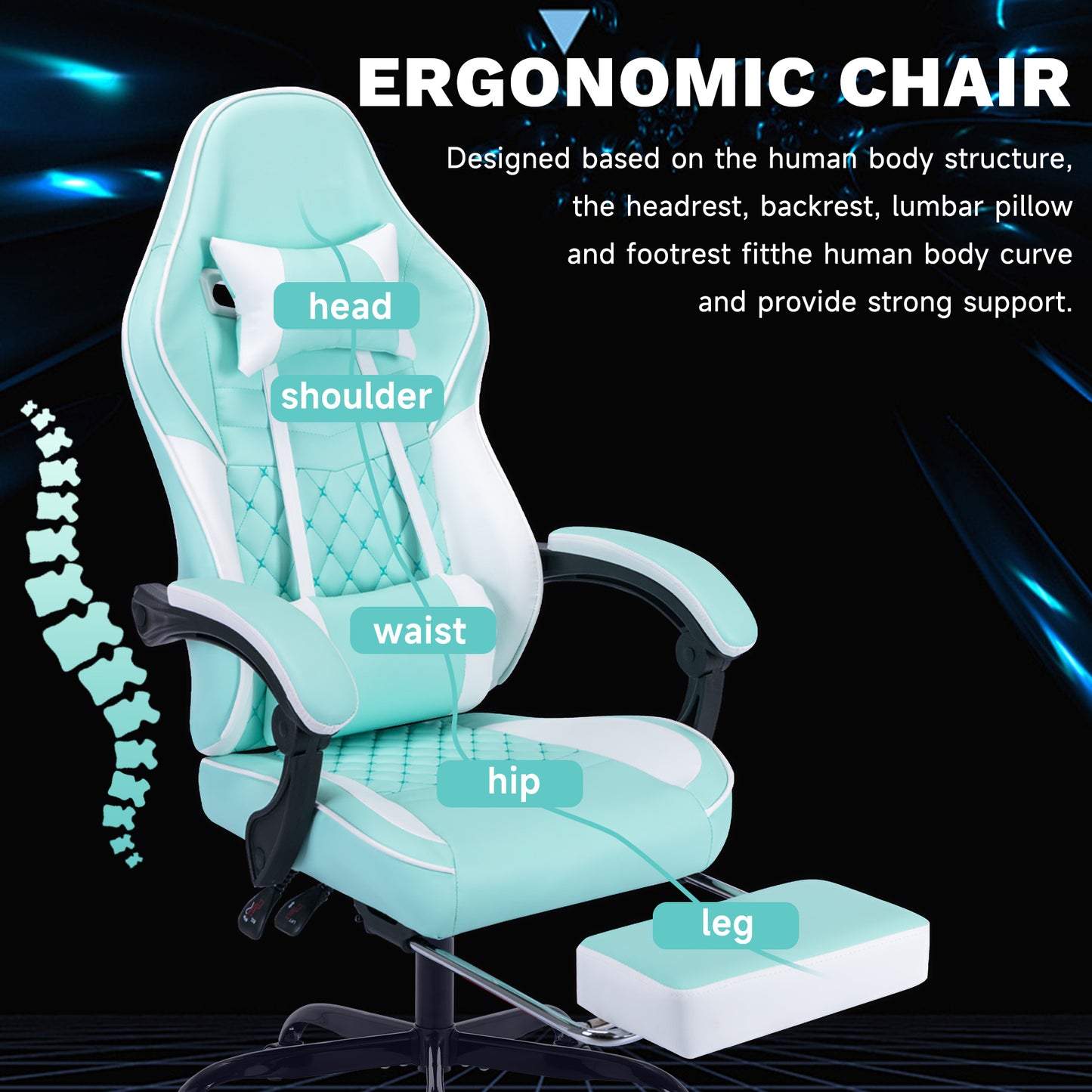 Ergonomic Gaming Chair – Massage Lumbar, Footrest & Adjustable Headrest, Green