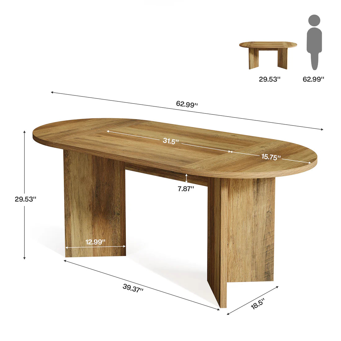 Oval Farmhouse Dining Table for 4-6 – 63" MDF Top, Metal Base | Brown