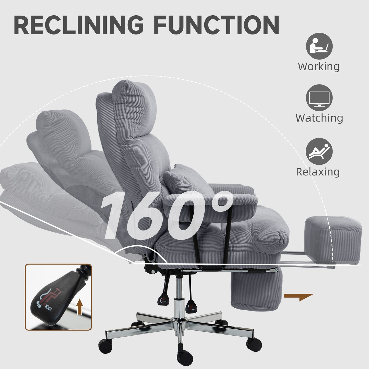 Executive Reclining Office Chair – High Back, Lumbar Support, Footrest & Corduroy Fabric | Gray