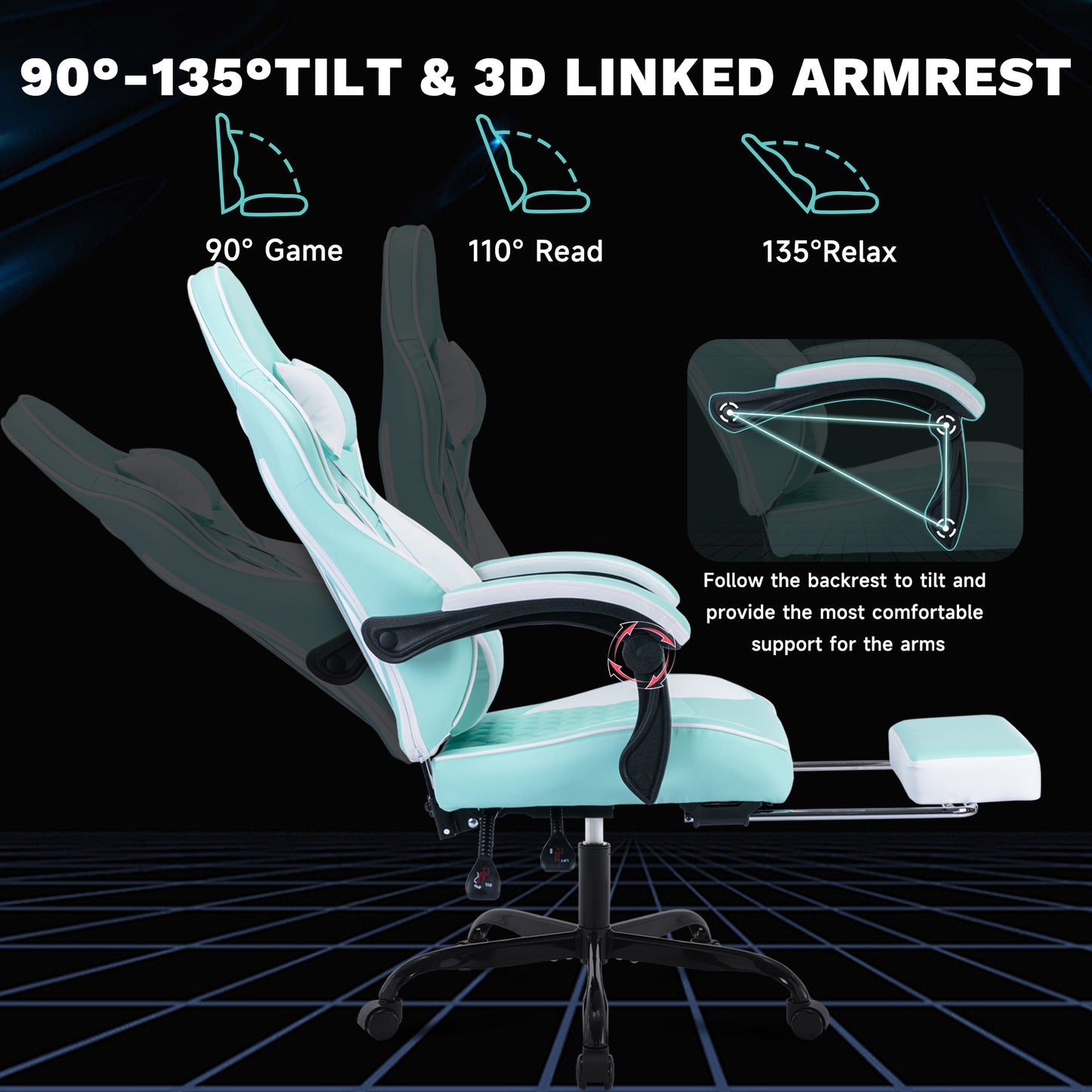 Ergonomic Gaming Chair – Massage Lumbar, Footrest & Adjustable Headrest, Green