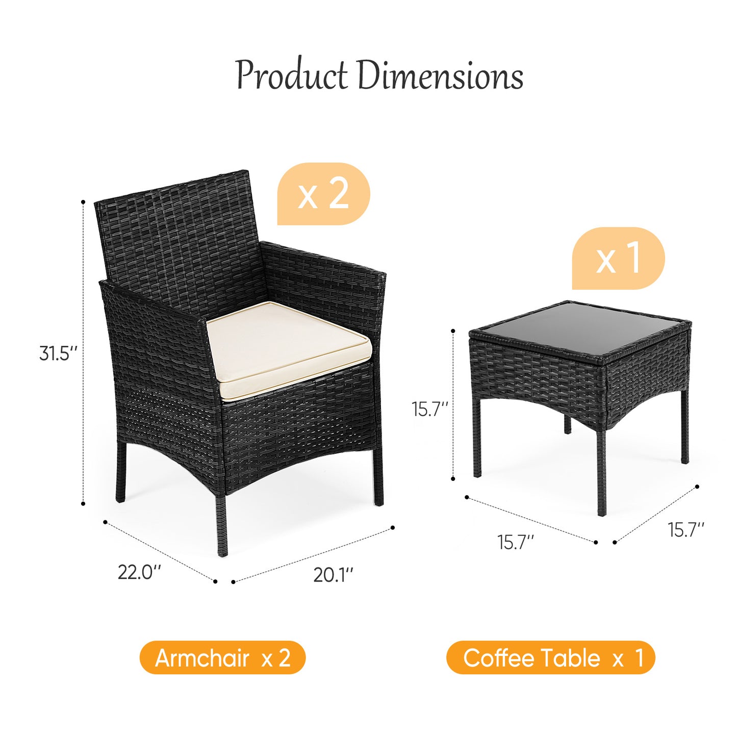 3-Piece Outdoor Rattan Garden Furniture Set – 2 Chairs, Coffee Table & Washable Cushions | Black & Brown