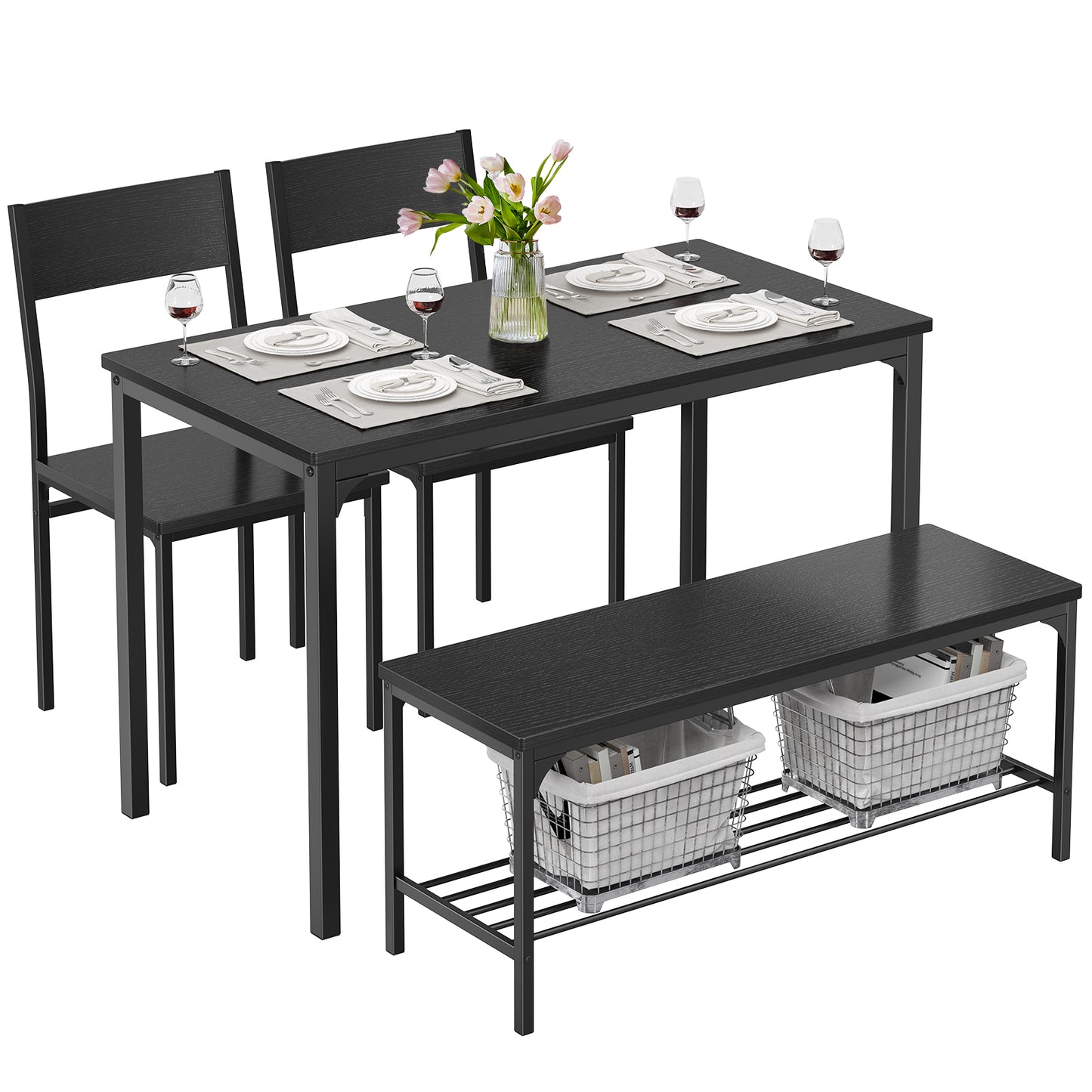 Dining Table Set for 4 – Solid Wood Table with Benches | Easy Assembly