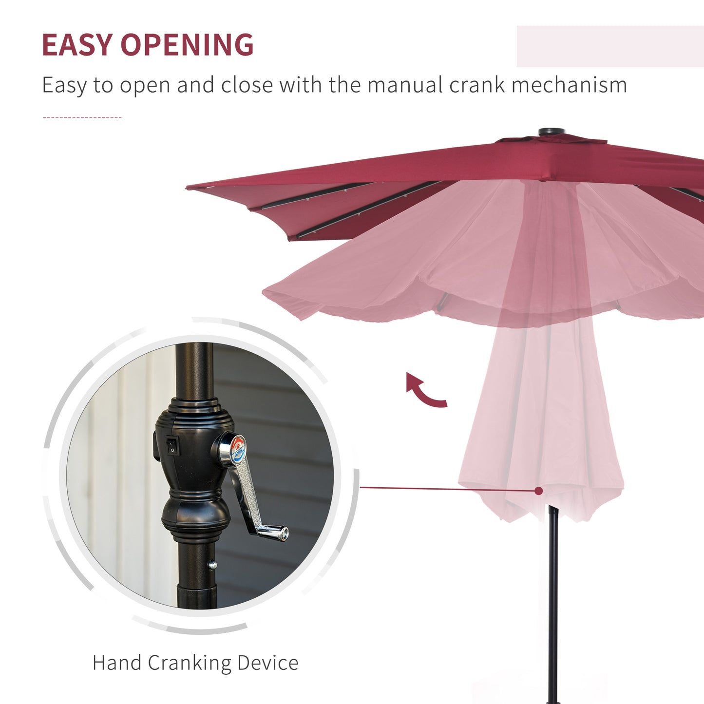 9ft Solar LED Patio Umbrella – Outdoor Market Shade with Crank & Built-In Lights | Red