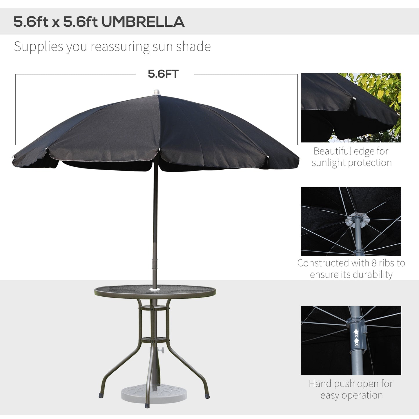 Outdoor Patio Dining Set for 4 – Round Glass Table, 4 Folding Chairs & Umbrella | Black