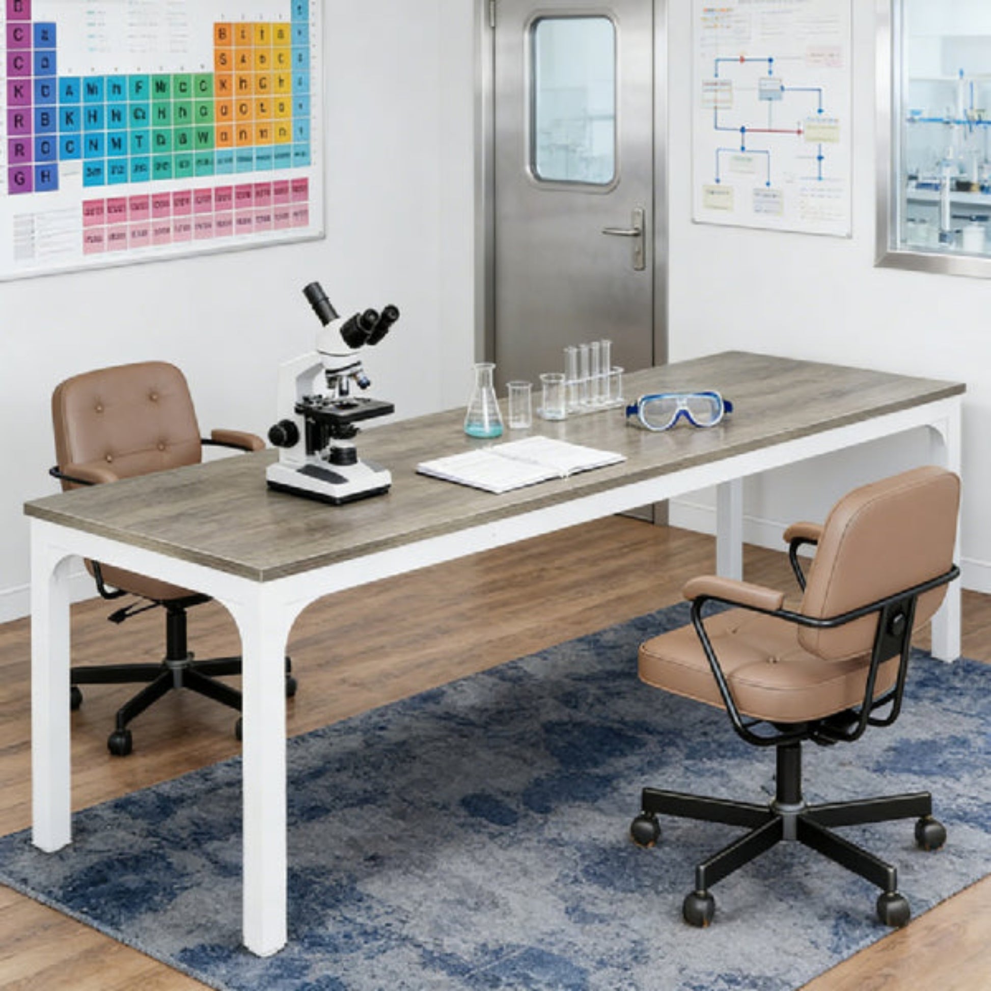 Modern gray wood and white desk with microscope and laboratory glassware in a scientific workspace with periodic table on wall.