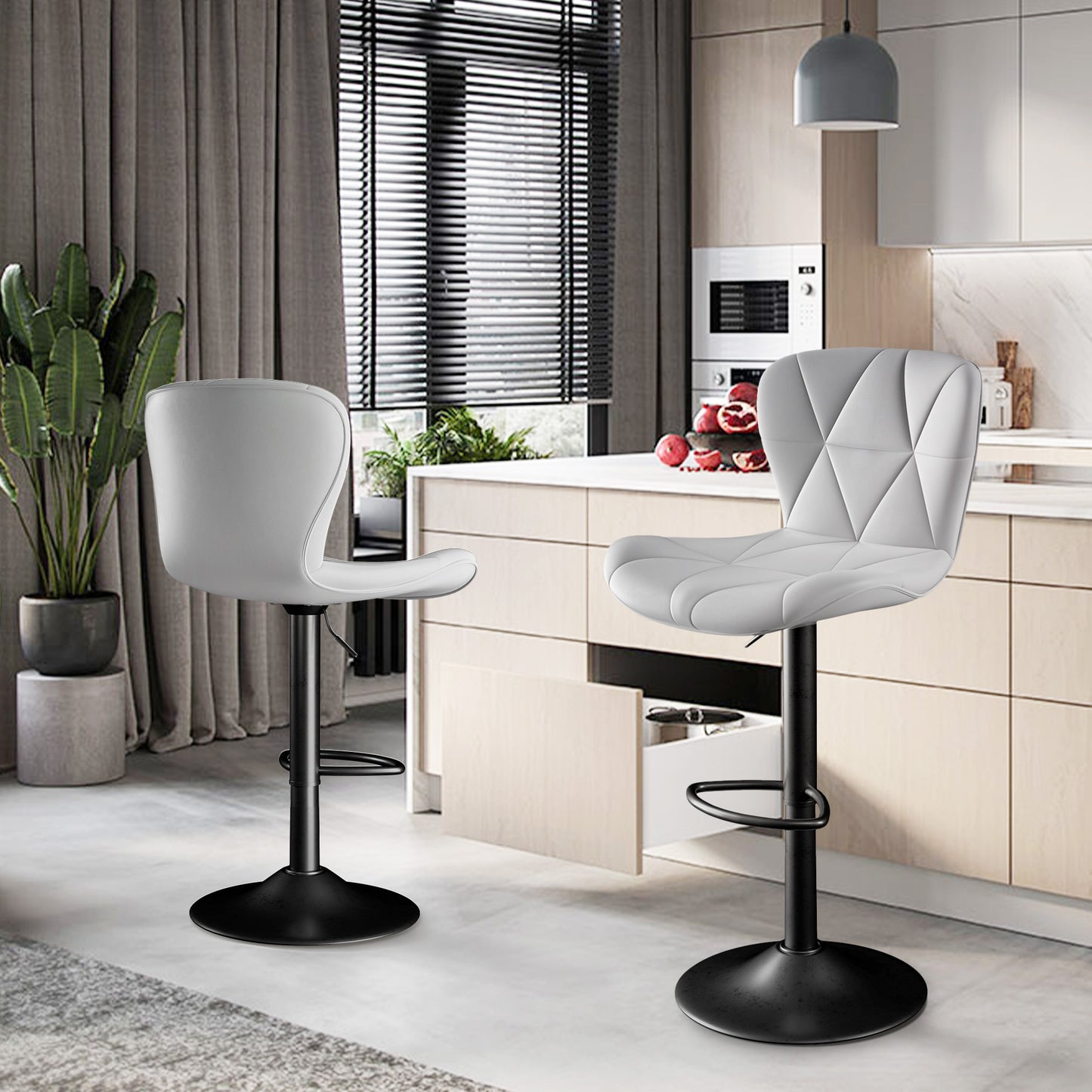Modern Bar Stools Set of 2 – Adjustable Swivel Faux Leather Counter Height Stools with Back, Black