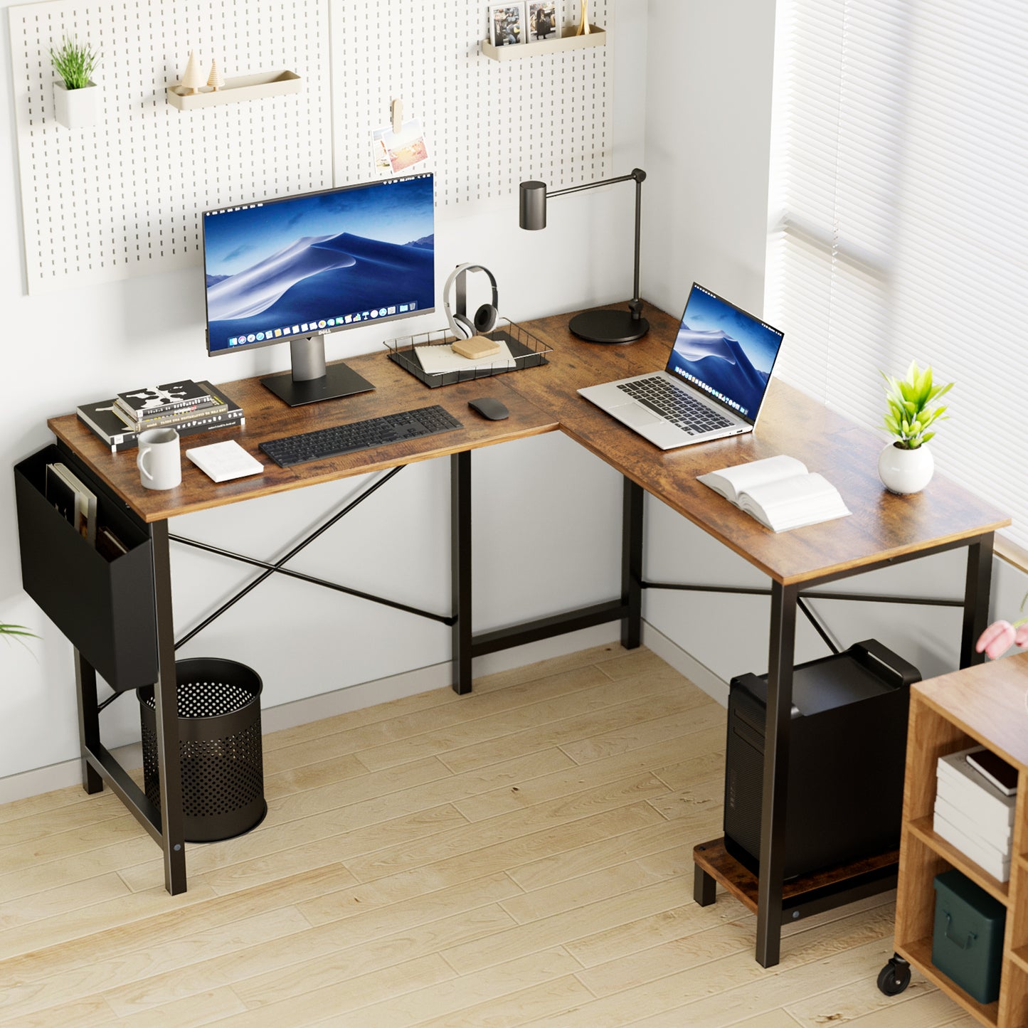 Auraspine L-Shaped Computer Desk 49" — Corner Gaming & Home Office Desk with Storage Shelf