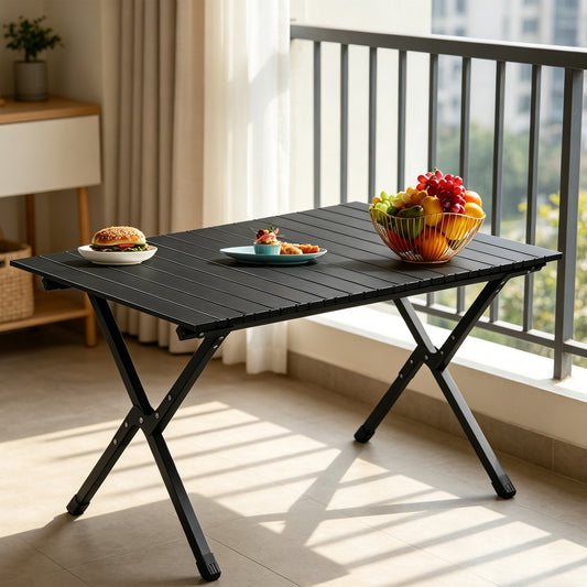 Portable Folding Camping Table 46" – Carbon Steel, 220 lbs Capacity, Roll-Up Design | Black