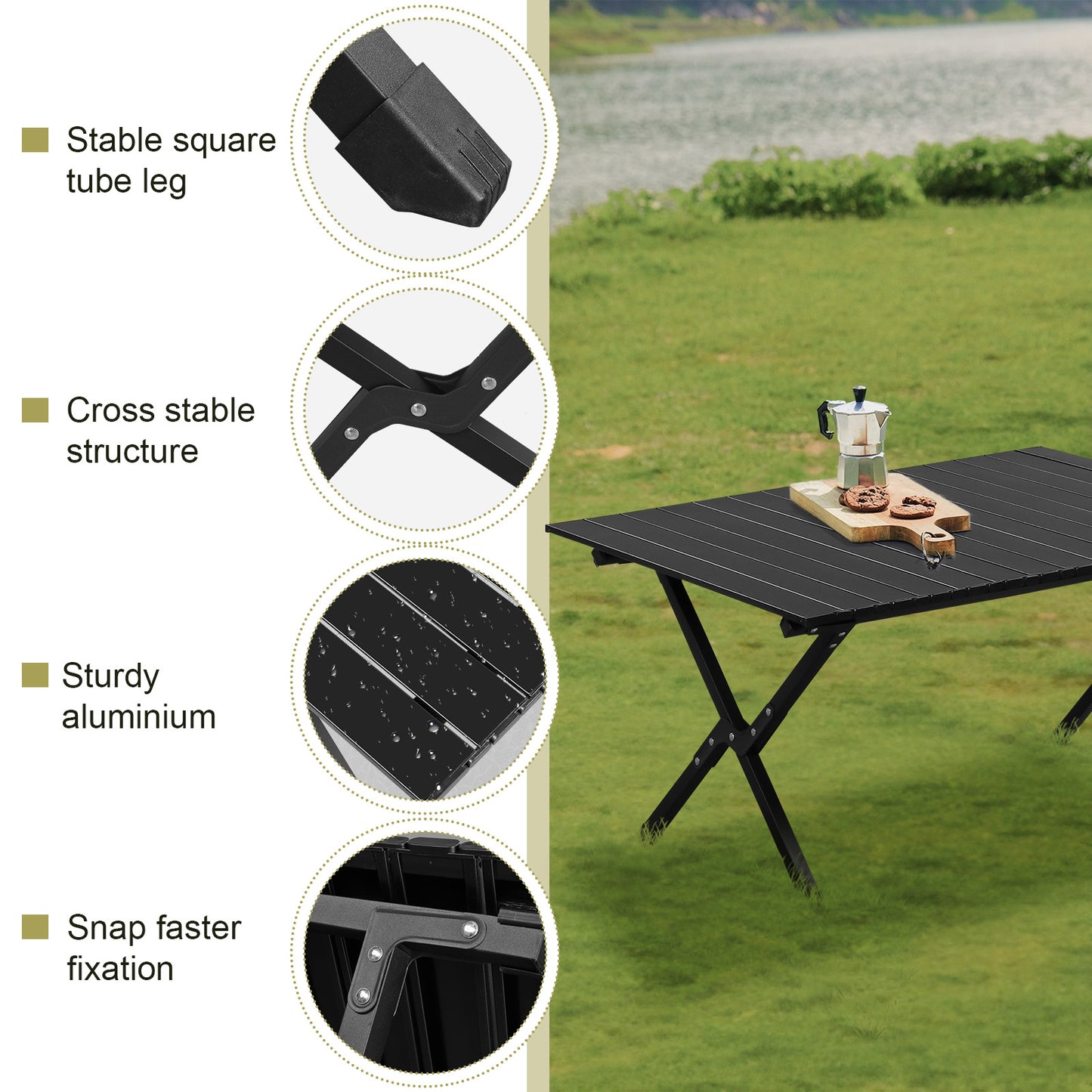Portable Folding Camping Table 46" – Carbon Steel, 220 lbs Capacity, Roll-Up Design | Black