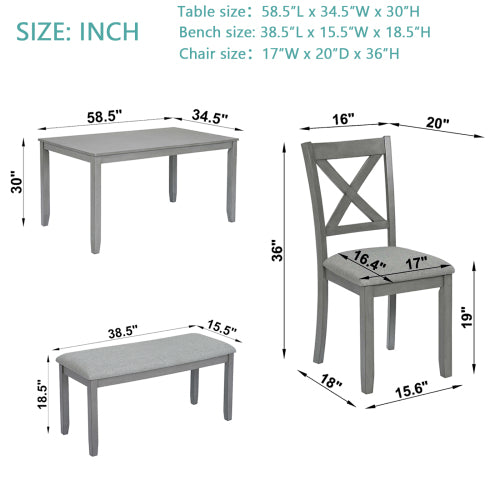 6-Piece Kitchen Dining Set – Rectangular Wooden Table with 4 Upholstered Chairs & Bench, Gray
