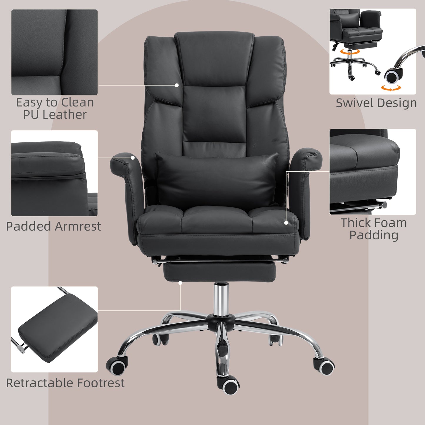 Executive Office Chair with Footrest – PU Leather, Reclining & Lumbar Support, Black