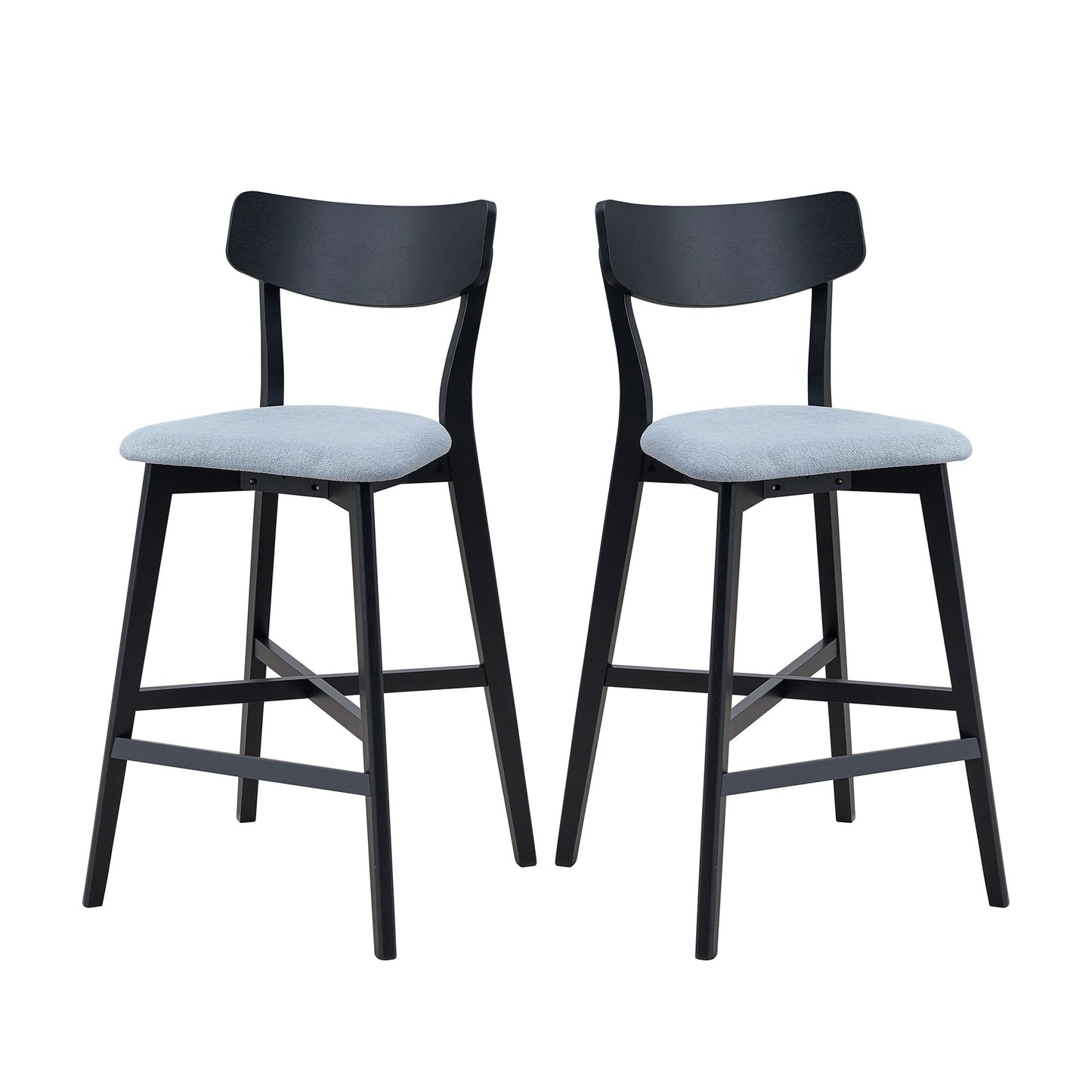 Wooden Bar Chairs Set of 2 – Upholstered Counter Height Stools with Backrest & Footrest, Black
