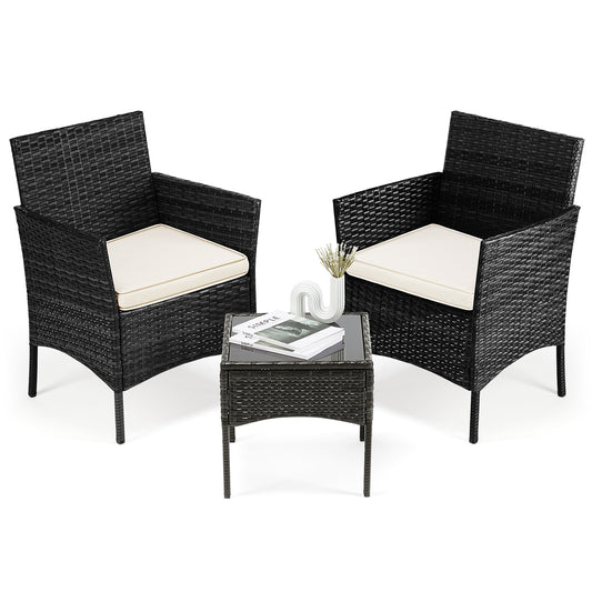 3-Piece Outdoor Rattan Garden Furniture Set – 2 Chairs, Coffee Table & Washable Cushions | Black & Brown