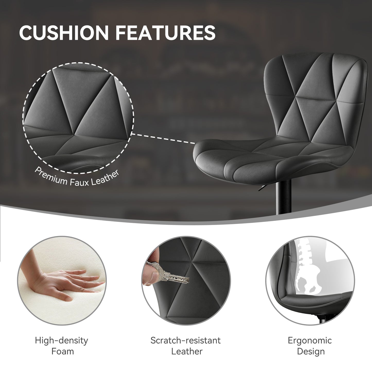 Modern Bar Stools Set of 2 – Adjustable Swivel Faux Leather Counter Height Stools with Back, Black