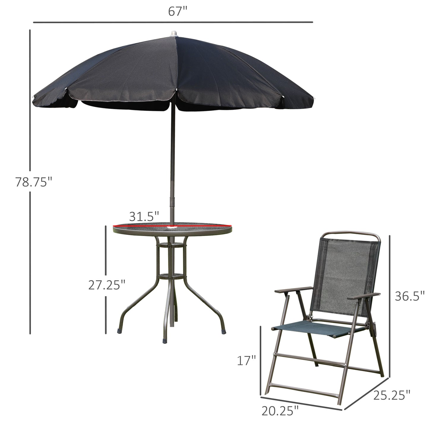 Outdoor Patio Dining Set for 4 – Round Glass Table, 4 Folding Chairs & Umbrella | Black