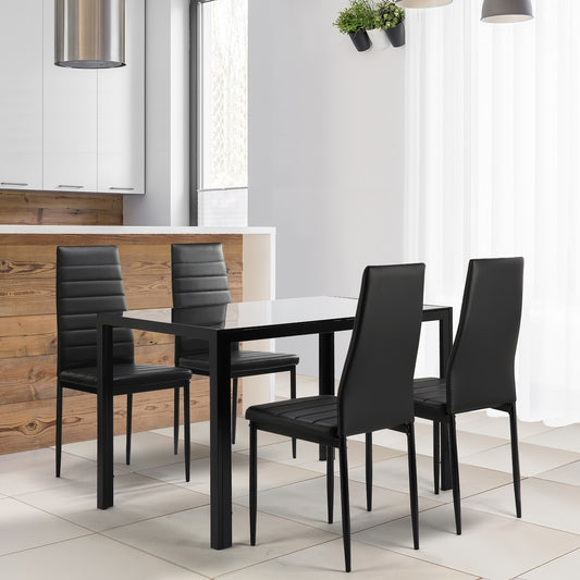 5-Piece Dining Table Set – Tempered Glass Table & 4 Faux Leather Chairs