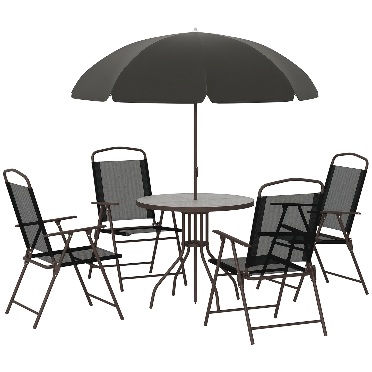 Outdoor Patio Dining Set for 4 – Round Glass Table, 4 Folding Chairs & Umbrella | Black