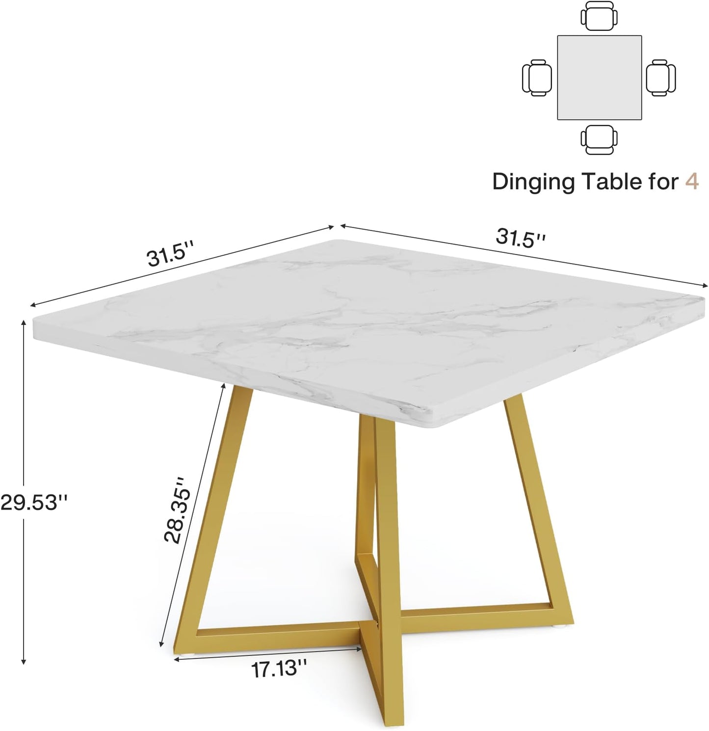 Square Industrial Dining Table for 2-4 – 31" Vintage Wood Top & Metal Frame | Gold White